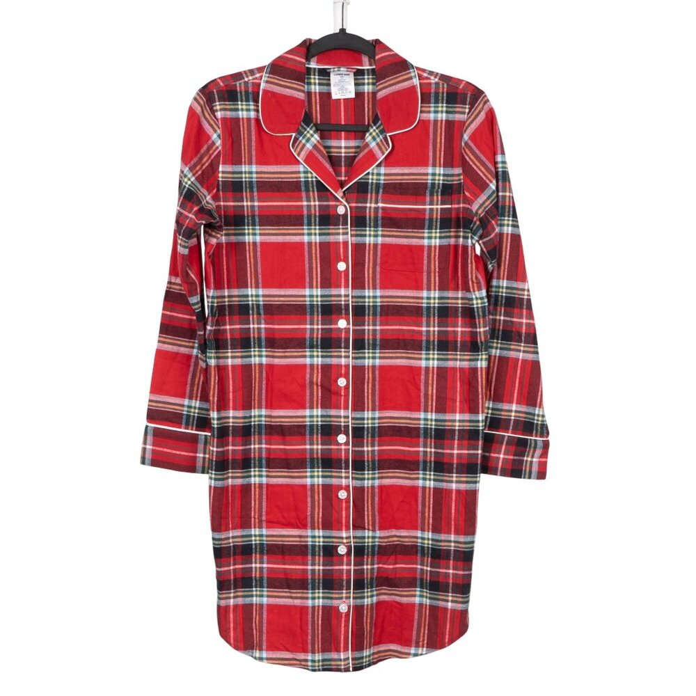 Lands End Plaid Button Up Nightshirt XS 2 4 Womens Red Cotton Long Sleeve